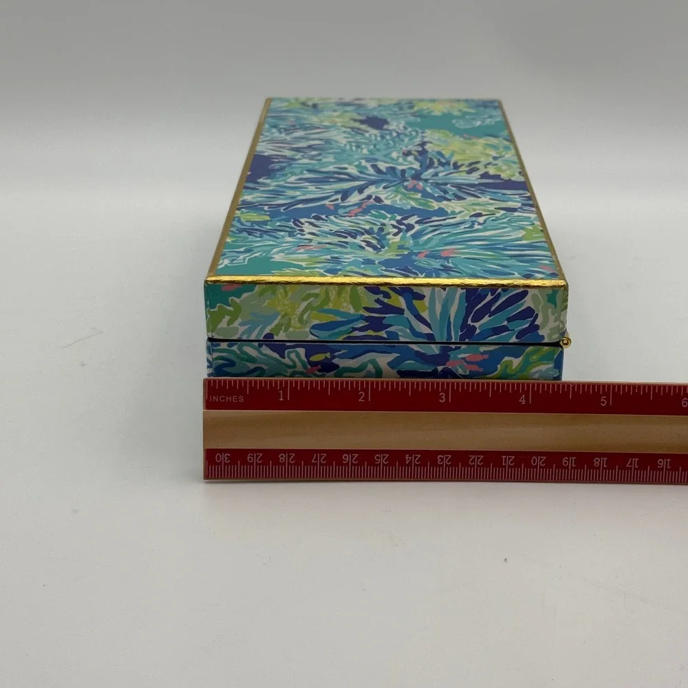 Lilly Pulitzer Lacquer Box Blue Green Floral Keepsake Jewelry Storage Gold Trim